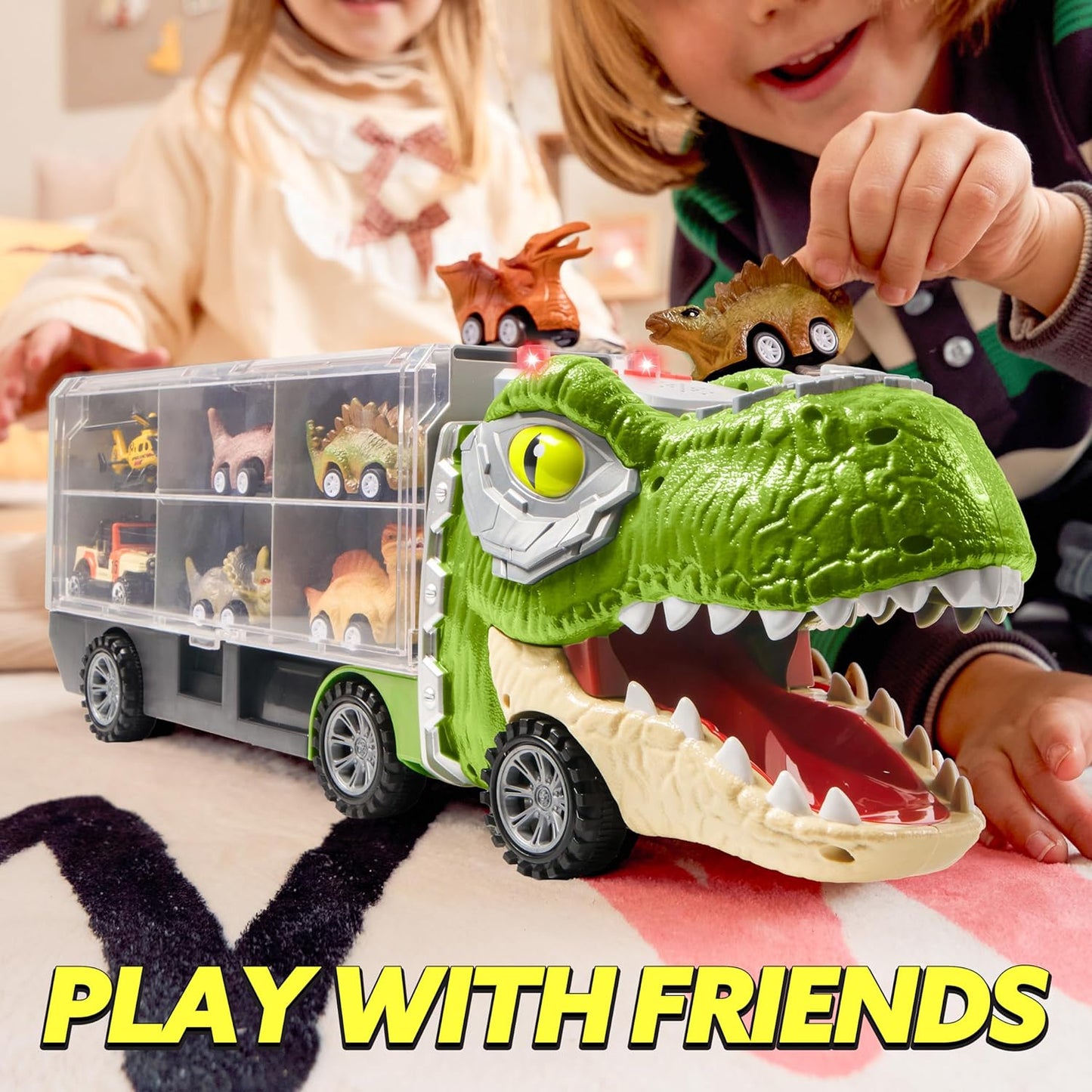 🚗13-in-1 dinosaur toy for kids ages 3-5, dinosaur truck with 12 pull-back cars, small car set