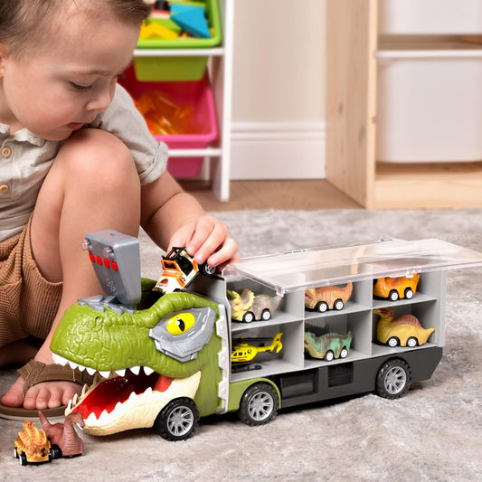 🚗13-in-1 dinosaur toy for kids ages 3-5, dinosaur truck with 12 pull-back cars, small car set