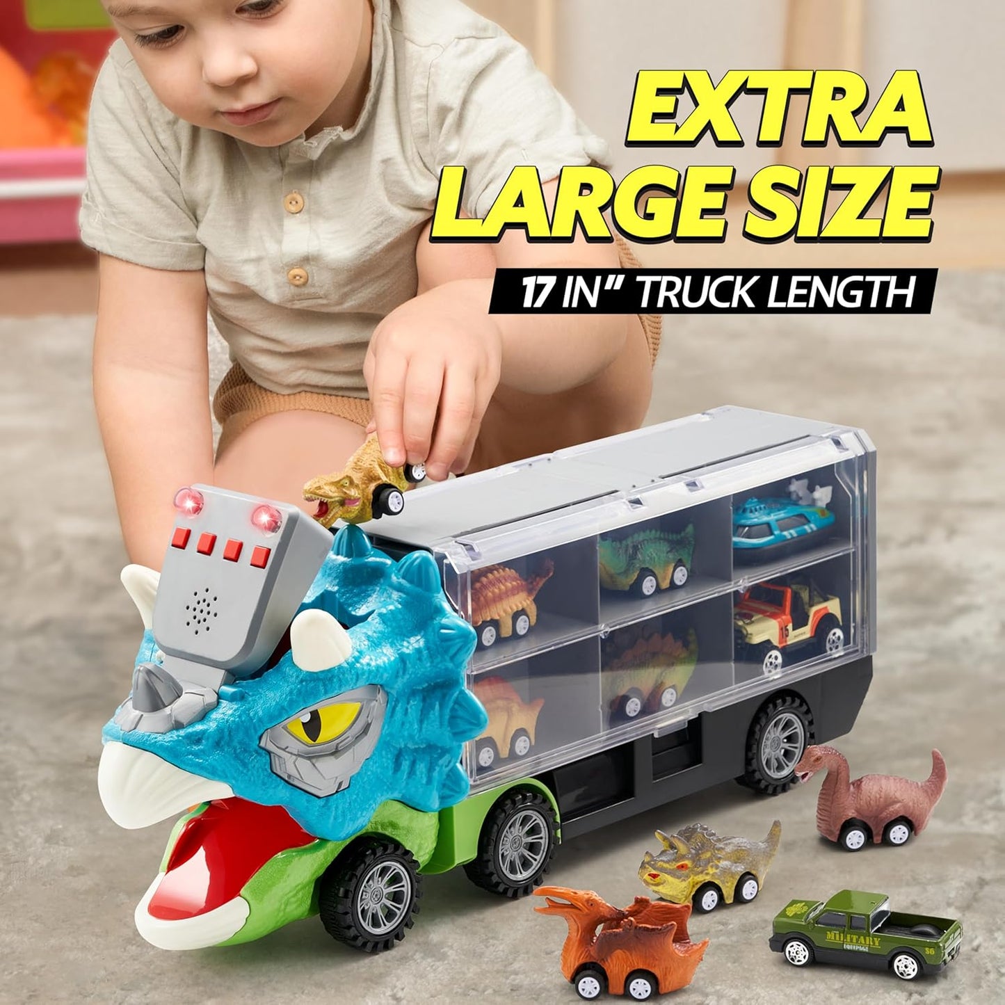 🚗13-in-1 dinosaur toy for kids ages 3-5, dinosaur truck with 12 pull-back cars, small car set