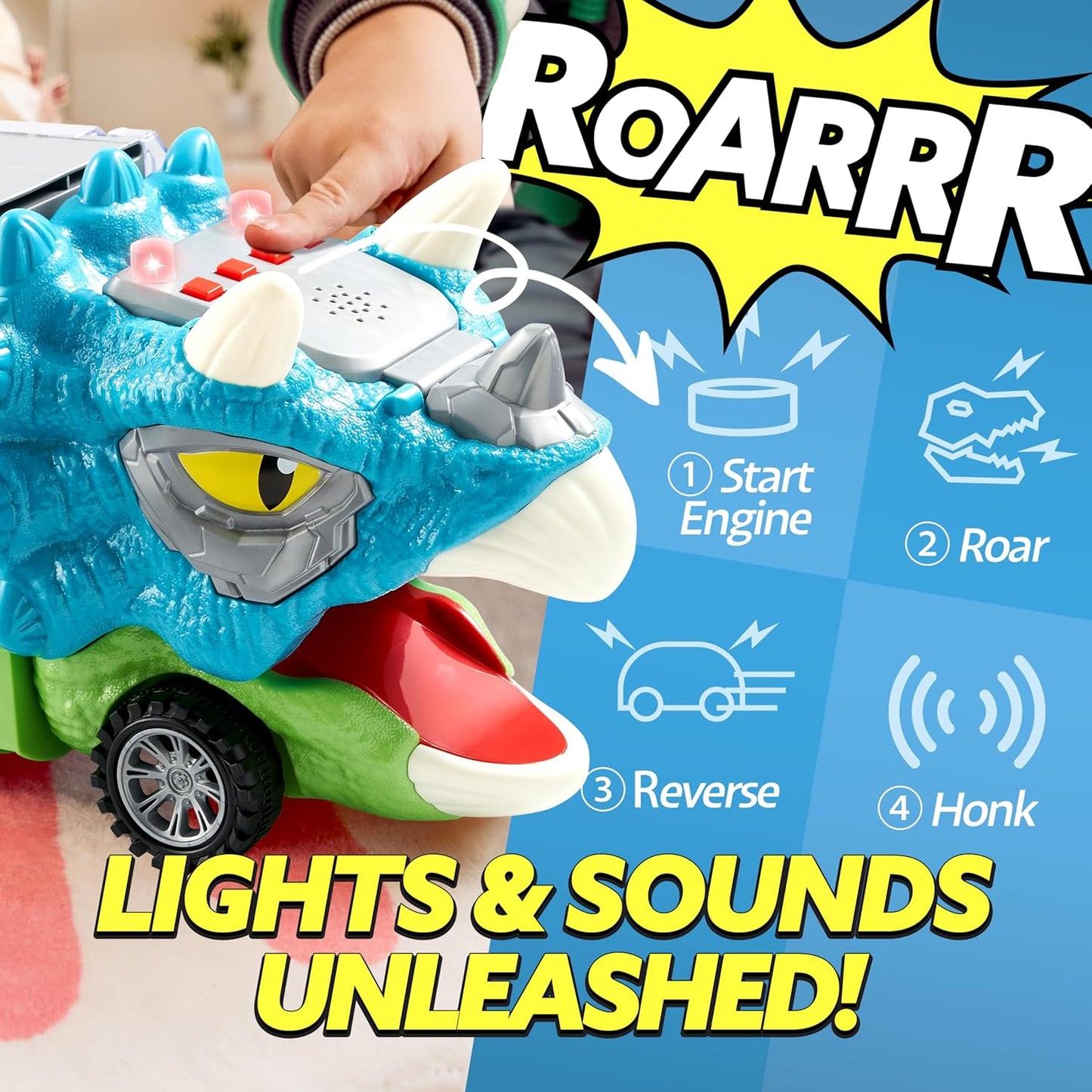 🚗13-in-1 dinosaur toy for kids ages 3-5, dinosaur truck with 12 pull-back cars, small car set