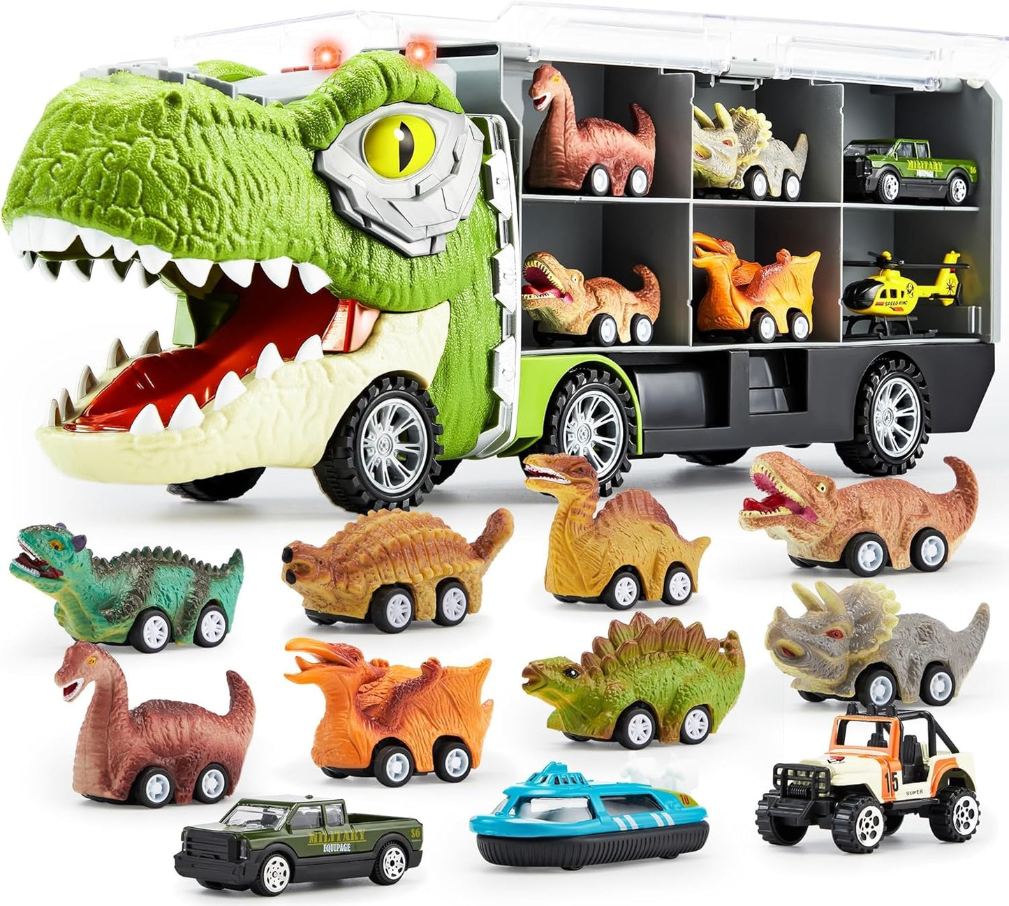 🚗13-in-1 dinosaur toy for kids ages 3-5, dinosaur truck with 12 pull-back cars, small car set