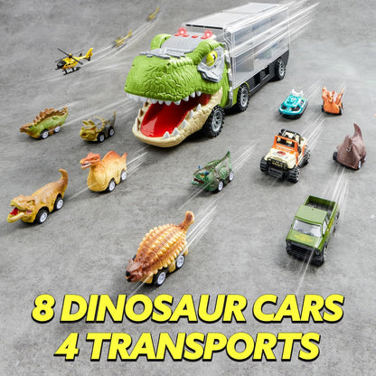 🚗13-in-1 dinosaur toy for kids ages 3-5, dinosaur truck with 12 pull-back cars, small car set