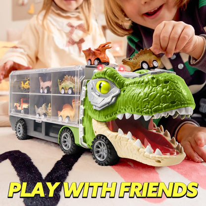 🚗13-in-1 dinosaur toy for kids ages 3-5, dinosaur truck with 12 pull-back cars, small car set