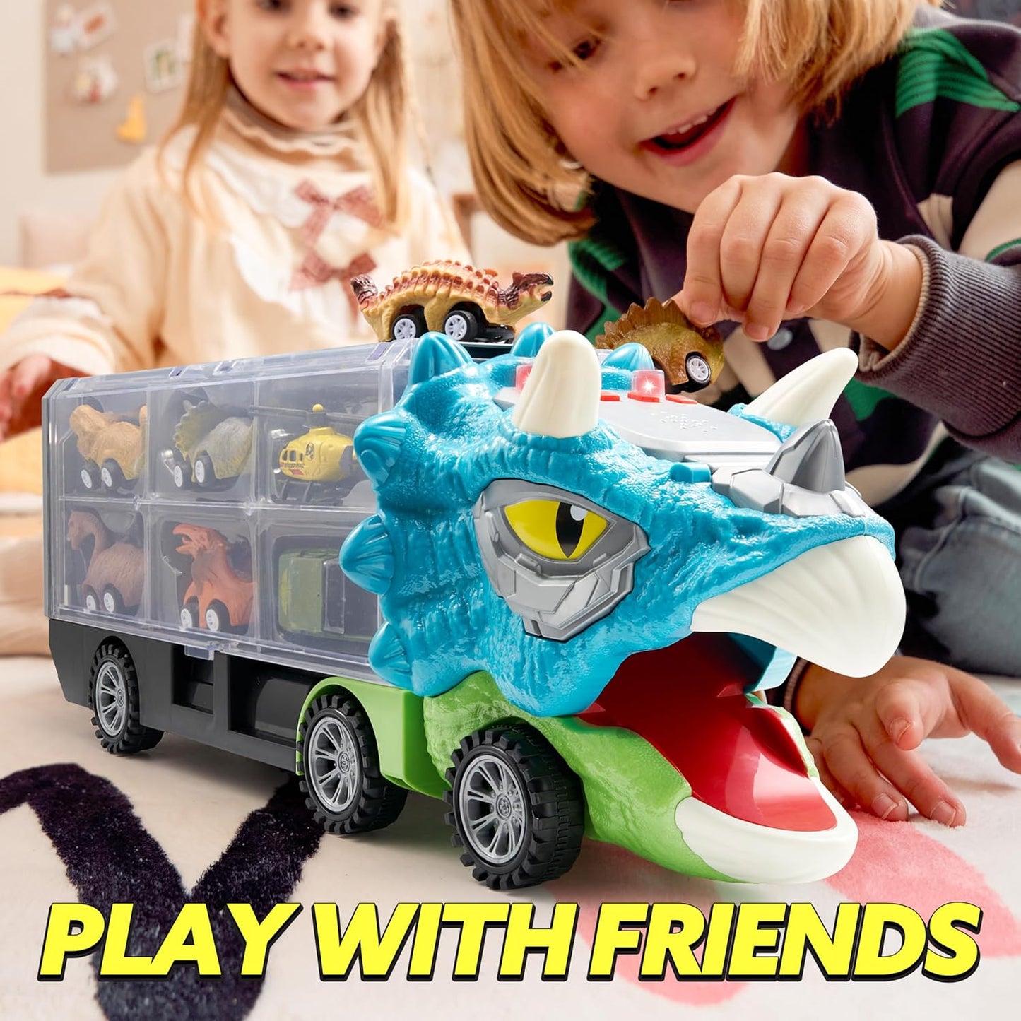 🚗13-in-1 dinosaur toy for kids ages 3-5, dinosaur truck with 12 pull-back cars, small car set