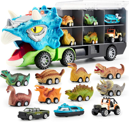 🚗13-in-1 dinosaur toy for kids ages 3-5, dinosaur truck with 12 pull-back cars, small car set