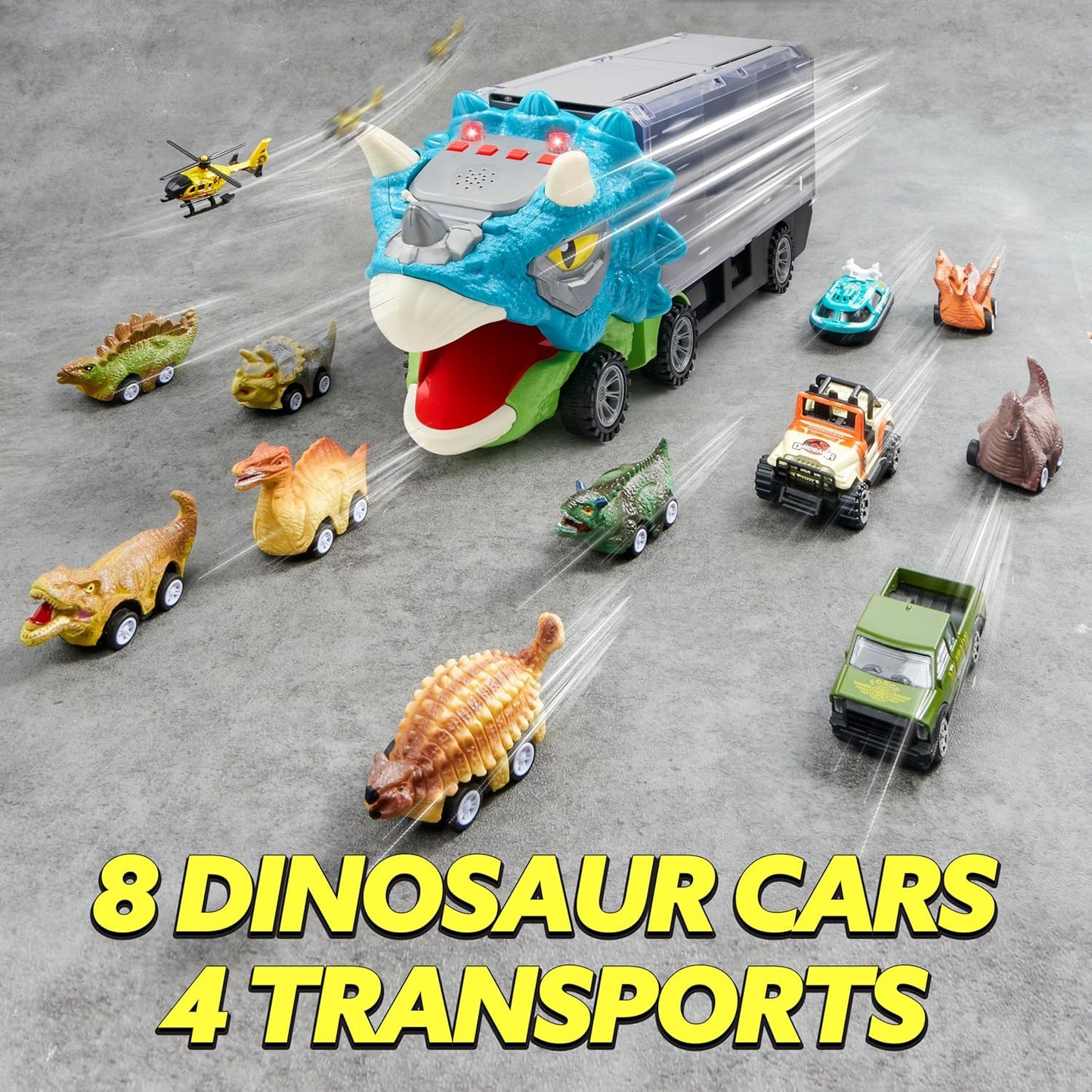 🚗13-in-1 dinosaur toy for kids ages 3-5, dinosaur truck with 12 pull-back cars, small car set