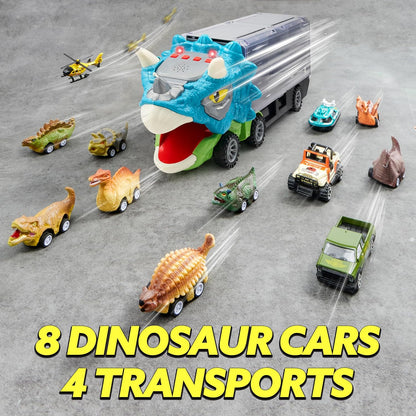 🚗13-in-1 dinosaur toy for kids ages 3-5, dinosaur truck with 12 pull-back cars, small car set
